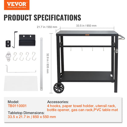 Outdoor BBQ Cart with Double Shelves, 0.85x0.55m Iron Top, Portable & Durable