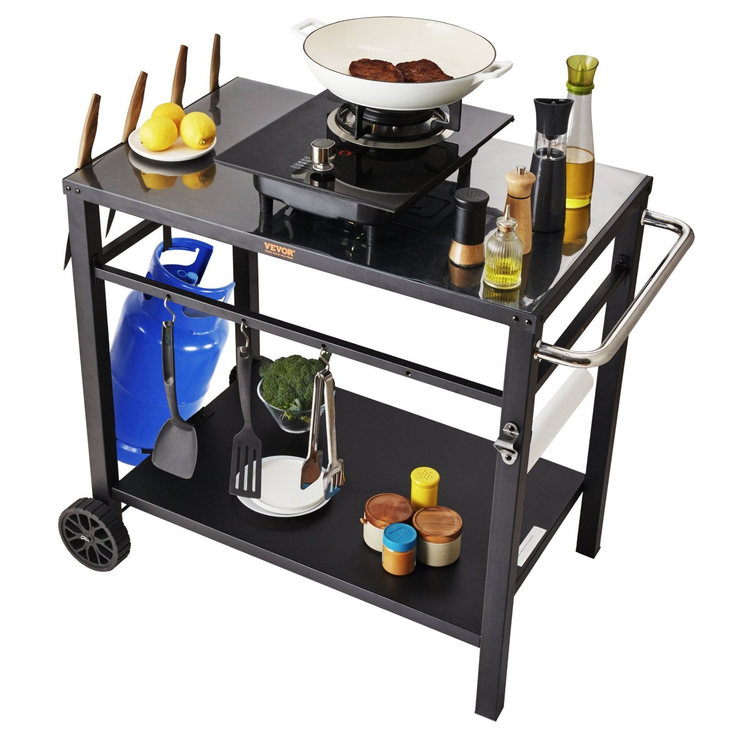 Outdoor BBQ Cart with Double Shelves, 0.85x0.55m Iron Top, Portable & Durable