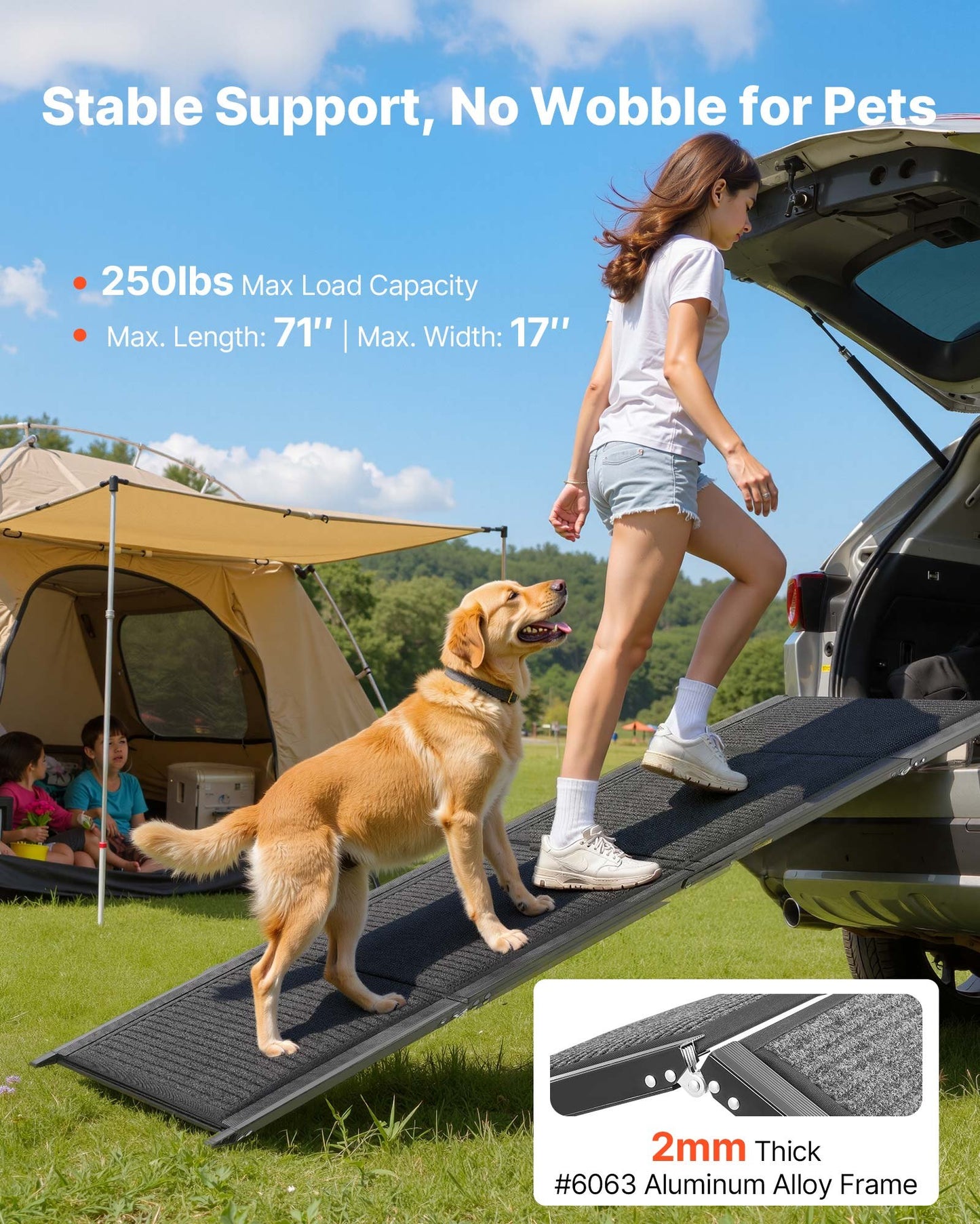 Dog Ramp for Cars, 1800 × 432 mm, Folding Pet Ramps for Medium & Large Dogs up to 113 kg, Pet Stair Ramp with Non-Slip Felt Rug Surface, Portable Outdoor Dog Car Ramps for SUV & Truck