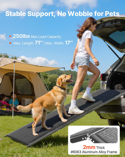 Dog Ramp for Cars, 1800 × 432 mm, Folding Pet Ramps for Medium & Large Dogs up to 113 kg, Pet Stair Ramp with Non-Slip Felt Rug Surface, Portable Outdoor Dog Car Ramps for SUV & Truck