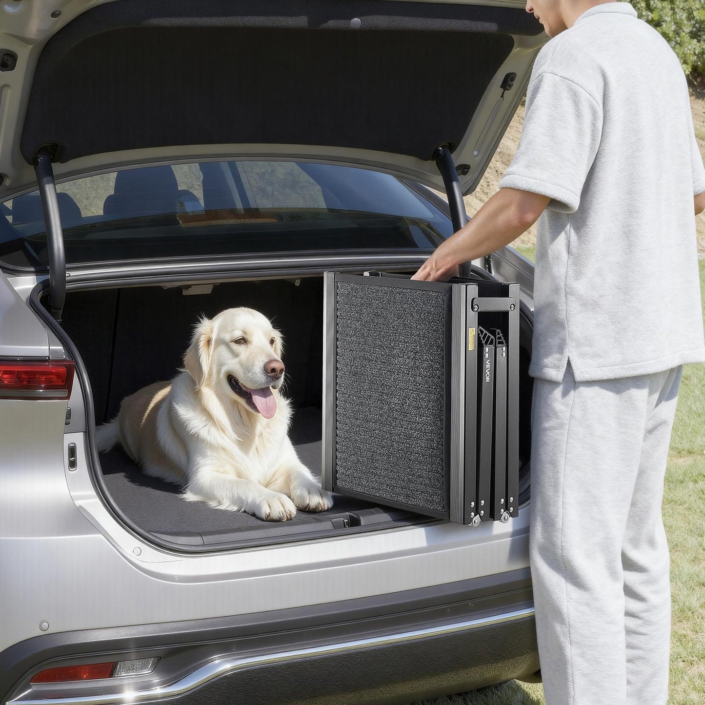 Dog Ramp for Cars, 1800 × 432 mm, Folding Pet Ramps for Medium & Large Dogs up to 113 kg, Pet Stair Ramp with Non-Slip Felt Rug Surface, Portable Outdoor Dog Car Ramps for SUV & Truck