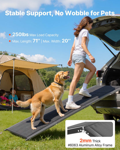 Dog Ramp for Cars, 1800 × 508 mm, Folding Pet Ramps for Medium & Large Dogs up to 113 kg, Pet Stair Ramp with Non-Slip Oxford Fabric Surface, Portable Outdoor Dog Car Ramps for SUV & Truck