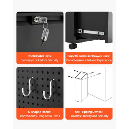 2 Drawers Lateral Metal File Cabinet with Lock and Hanging Rod Black