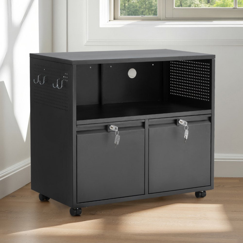2 Drawers Lateral Metal File Cabinet with Lock and Hanging Rod Black