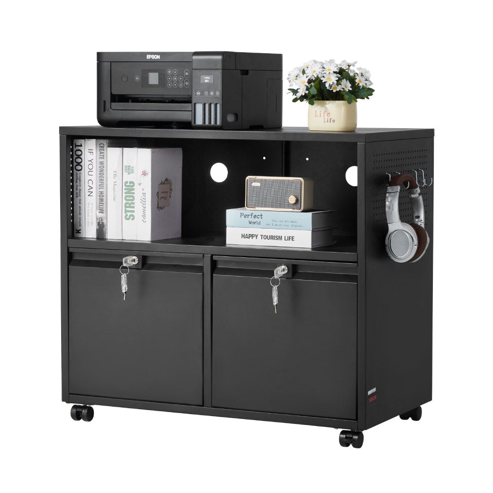 2 Drawers Lateral Metal File Cabinet with Lock and Hanging Rod Black