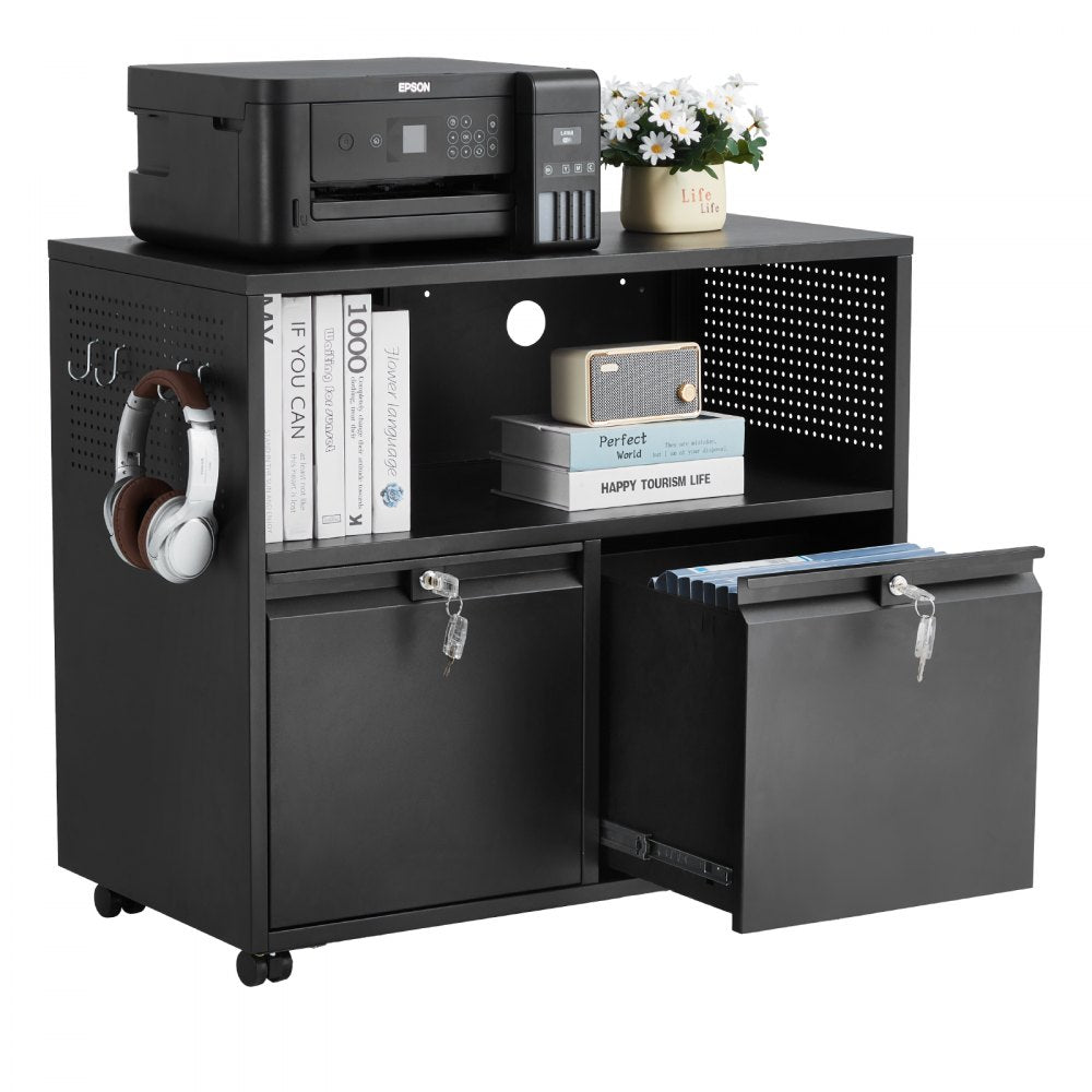 2 Drawers Lateral Metal File Cabinet with Lock and Hanging Rod Black