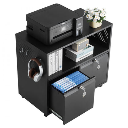 2 Drawers Lateral Metal File Cabinet with Lock and Hanging Rod Black
