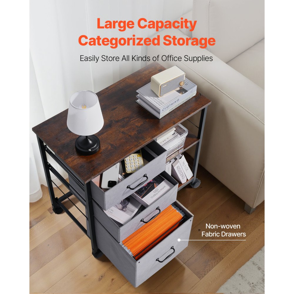 Mobile Metal File Cabinet with 3 Fabric Drawers and 2 Open Shelves Brown