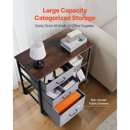 Mobile Metal File Cabinet with 3 Fabric Drawers and 2 Open Shelves Brown