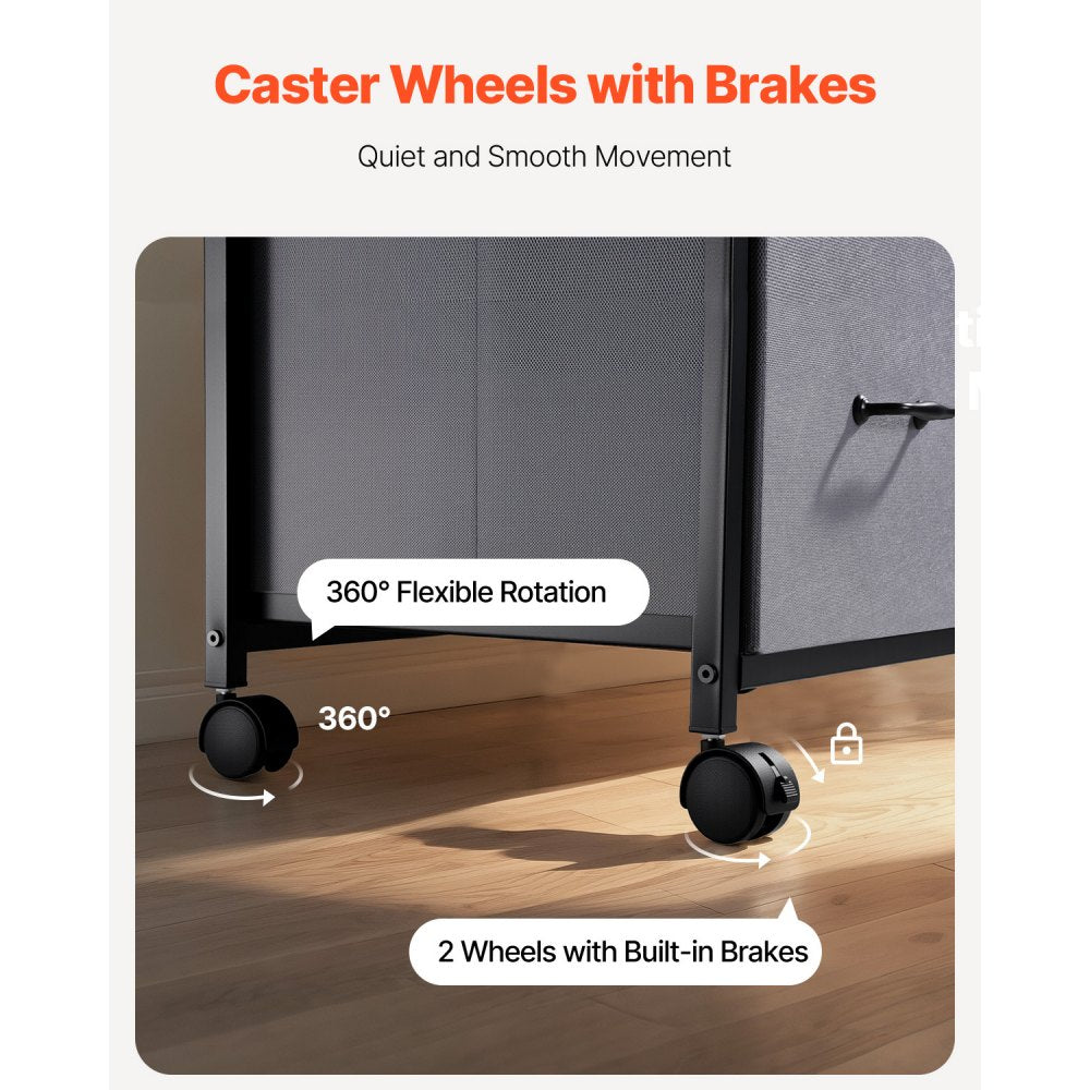 Mobile Metal File Cabinet with 3 Fabric Drawers and 2 Open Shelves Brown