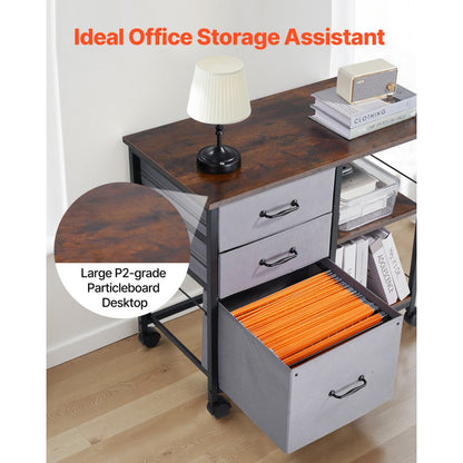 Mobile Metal File Cabinet with 3 Fabric Drawers and 2 Open Shelves Brown