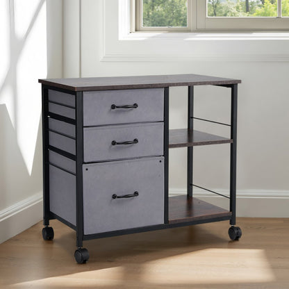 Mobile Metal File Cabinet with 3 Fabric Drawers and 2 Open Shelves Brown