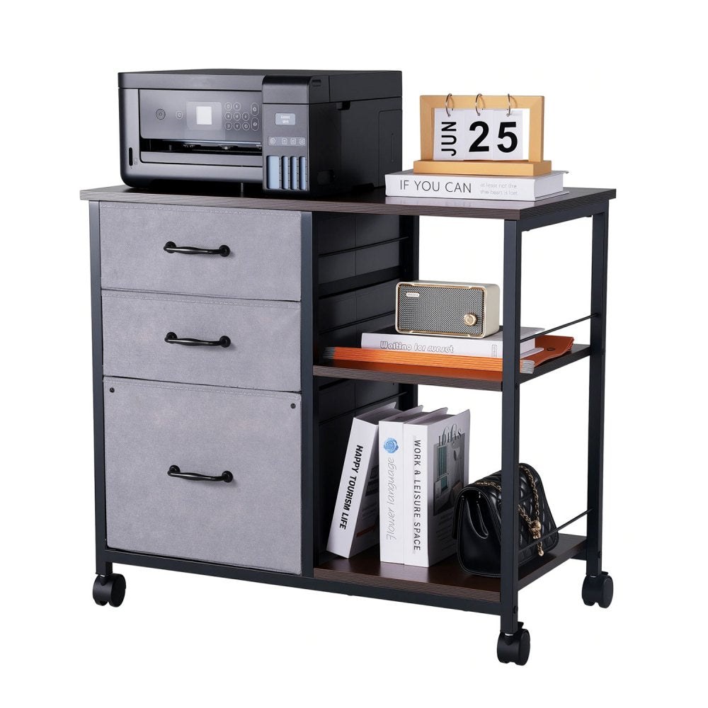 Mobile Metal File Cabinet with 3 Fabric Drawers and 2 Open Shelves Brown