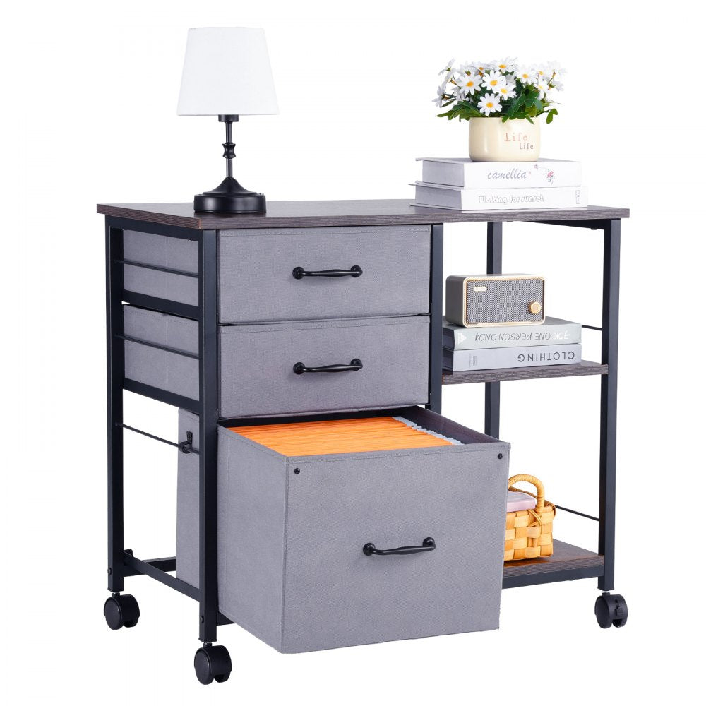 Mobile Metal File Cabinet with 3 Fabric Drawers and 2 Open Shelves Brown