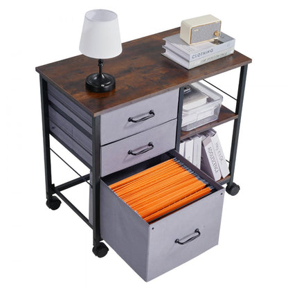 Mobile Metal File Cabinet with 3 Fabric Drawers and 2 Open Shelves Brown