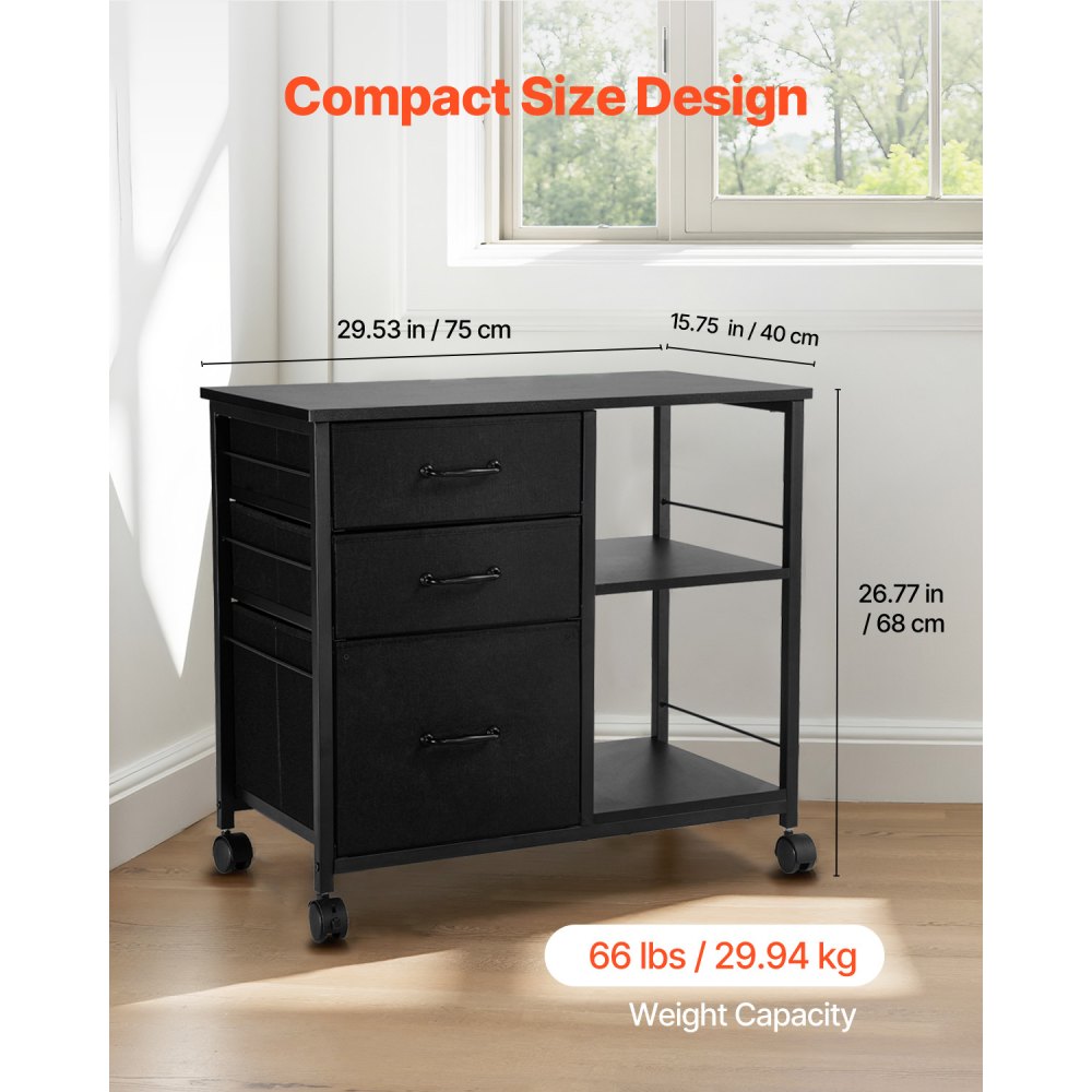 Mobile Metal File Cabinet with 3 Fabric Drawers and 2 Open Shelves Black