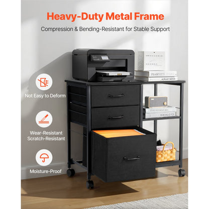 Mobile Metal File Cabinet with 3 Fabric Drawers and 2 Open Shelves Black