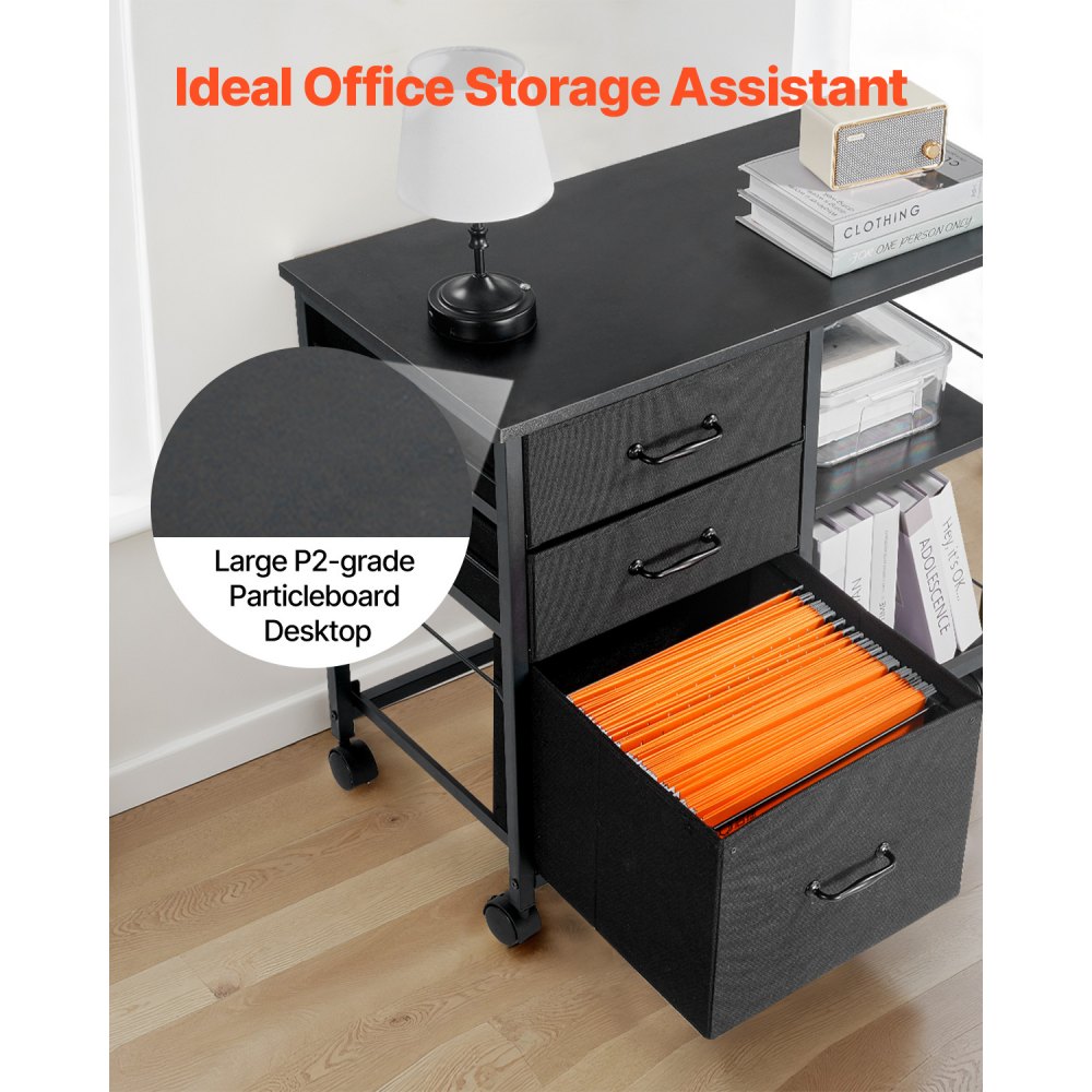 Mobile Metal File Cabinet with 3 Fabric Drawers and 2 Open Shelves Black