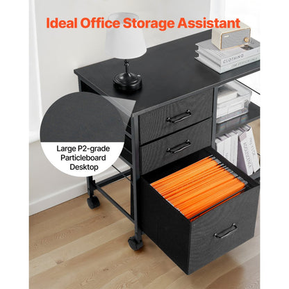 Mobile Metal File Cabinet with 3 Fabric Drawers and 2 Open Shelves Black