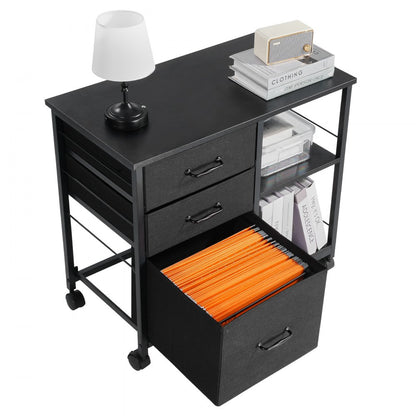 Mobile Metal File Cabinet with 3 Fabric Drawers and 2 Open Shelves Black