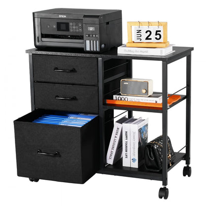 Mobile Metal File Cabinet with 3 Fabric Drawers and 2 Open Shelves Black
