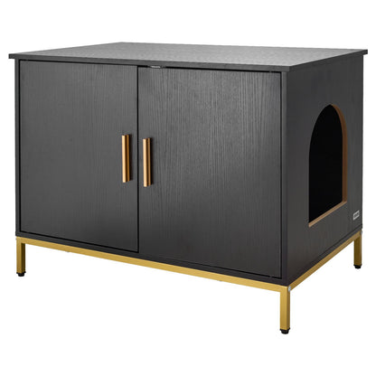 Cat Litter Box Enclosure Furniture, 70 cm Hidden Litter Box Cabinet with Metal Legs & Handle, Modern Style Cat Washroom House End Table, Fit Most of Litterbox, for Bedroom Living Room