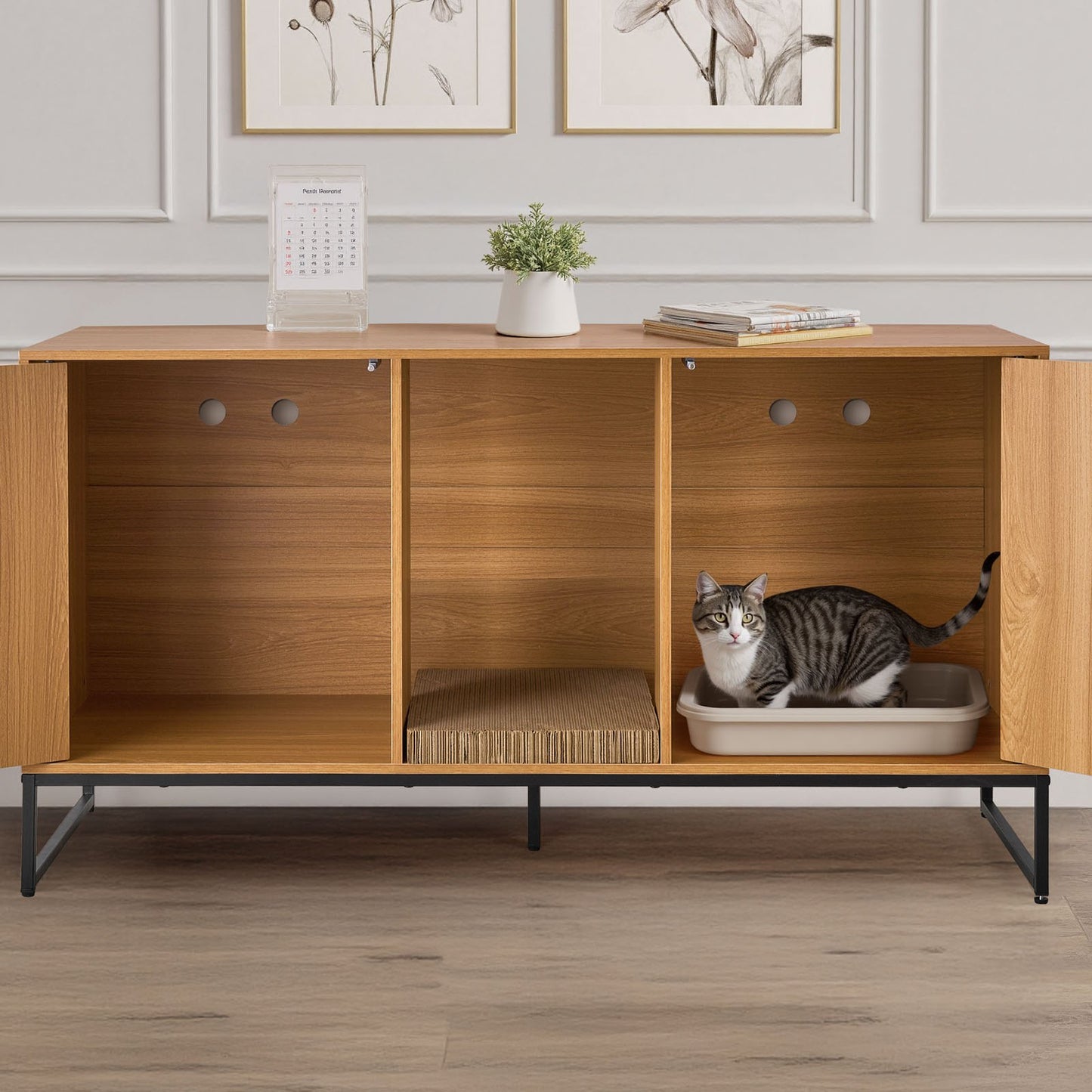 Cat Litter Box Enclosure Furniture, 120 cm Hidden Litter Box Cabinet with Scratch Pad & Storage, Waterproof Cat Washroom End Table Cat House, Fit Most of Litterbox, for Bedroom Living Room