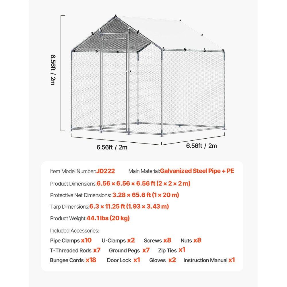 VEVOR Metal Chicken Coop 6.56x6.56x6.56ft Walk-in Chicken Run with Cover Spire Roof