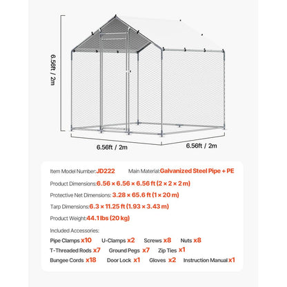 VEVOR Metal Chicken Coop 6.56x6.56x6.56ft Walk-in Chicken Run with Cover Spire Roof