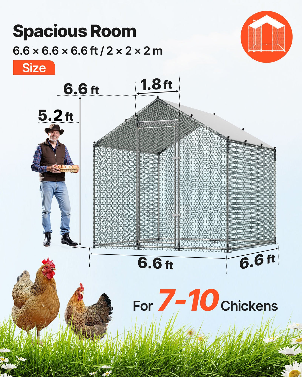 Large Metal Chicken Coop 2 x 2 x 2 m Walk-in Chicken Run House Cage, Spire Roof Hen House Enclosure with Cover and Security Lock, Outdoor Duck Rabbit Cage Poultry Pen for Backyard, Farm, Yard