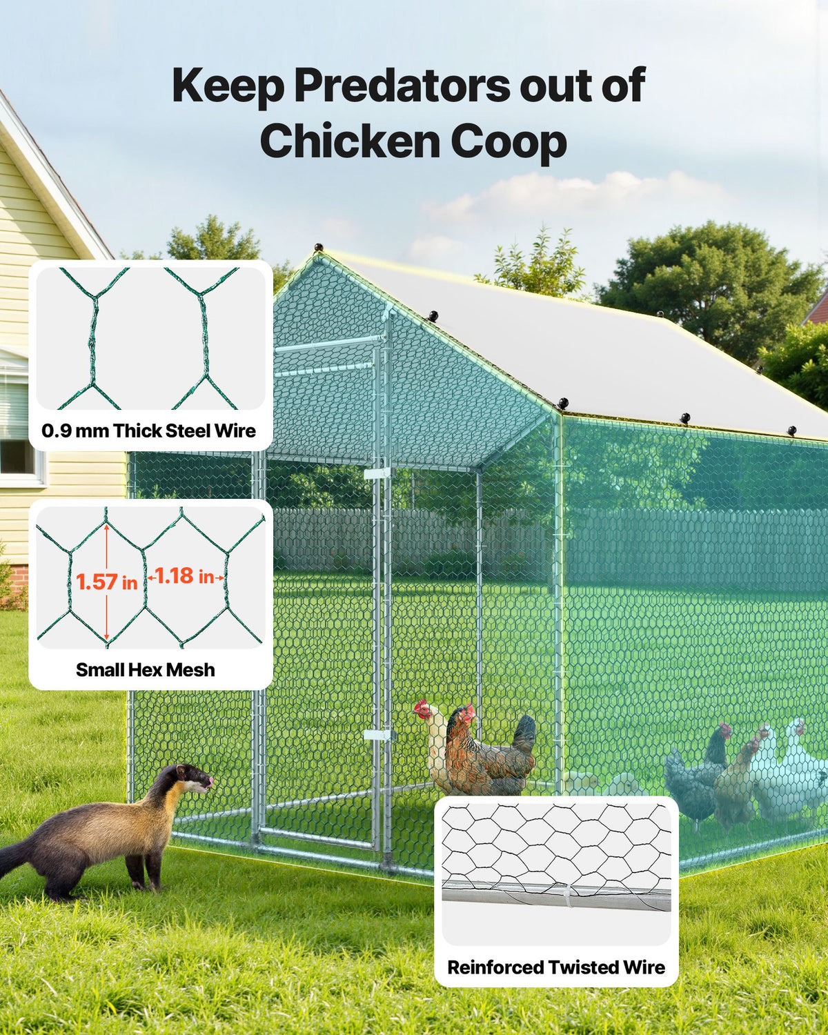 Large Metal Chicken Coop 2 x 2 x 2 m Walk-in Chicken Run House Cage, Spire Roof Hen House Enclosure with Cover and Security Lock, Outdoor Duck Rabbit Cage Poultry Pen for Backyard, Farm, Yard