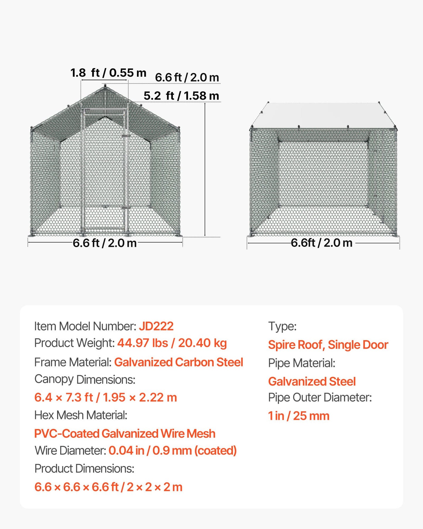 Large Metal Chicken Coop 2 x 2 x 2 m Walk-in Chicken Run House Cage, Spire Roof Hen House Enclosure with Cover and Security Lock, Outdoor Duck Rabbit Cage Poultry Pen for Backyard, Farm, Yard
