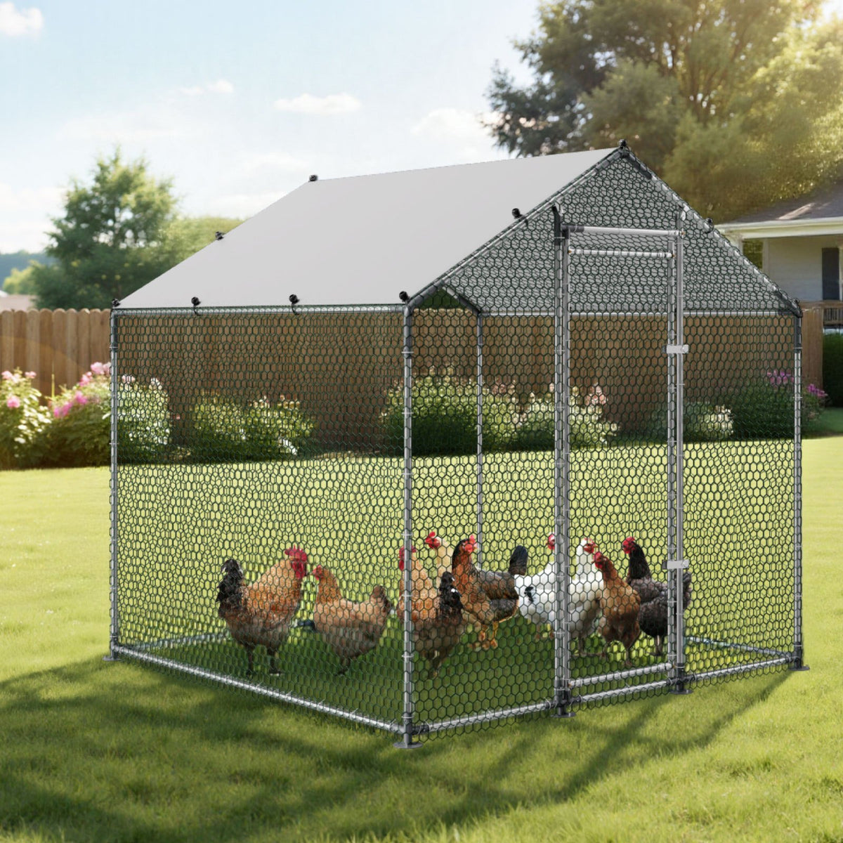 Large Metal Chicken Coop 2 x 2 x 2 m Walk-in Chicken Run House Cage, Spire Roof Hen House Enclosure with Cover and Security Lock, Outdoor Duck Rabbit Cage Poultry Pen for Backyard, Farm, Yard