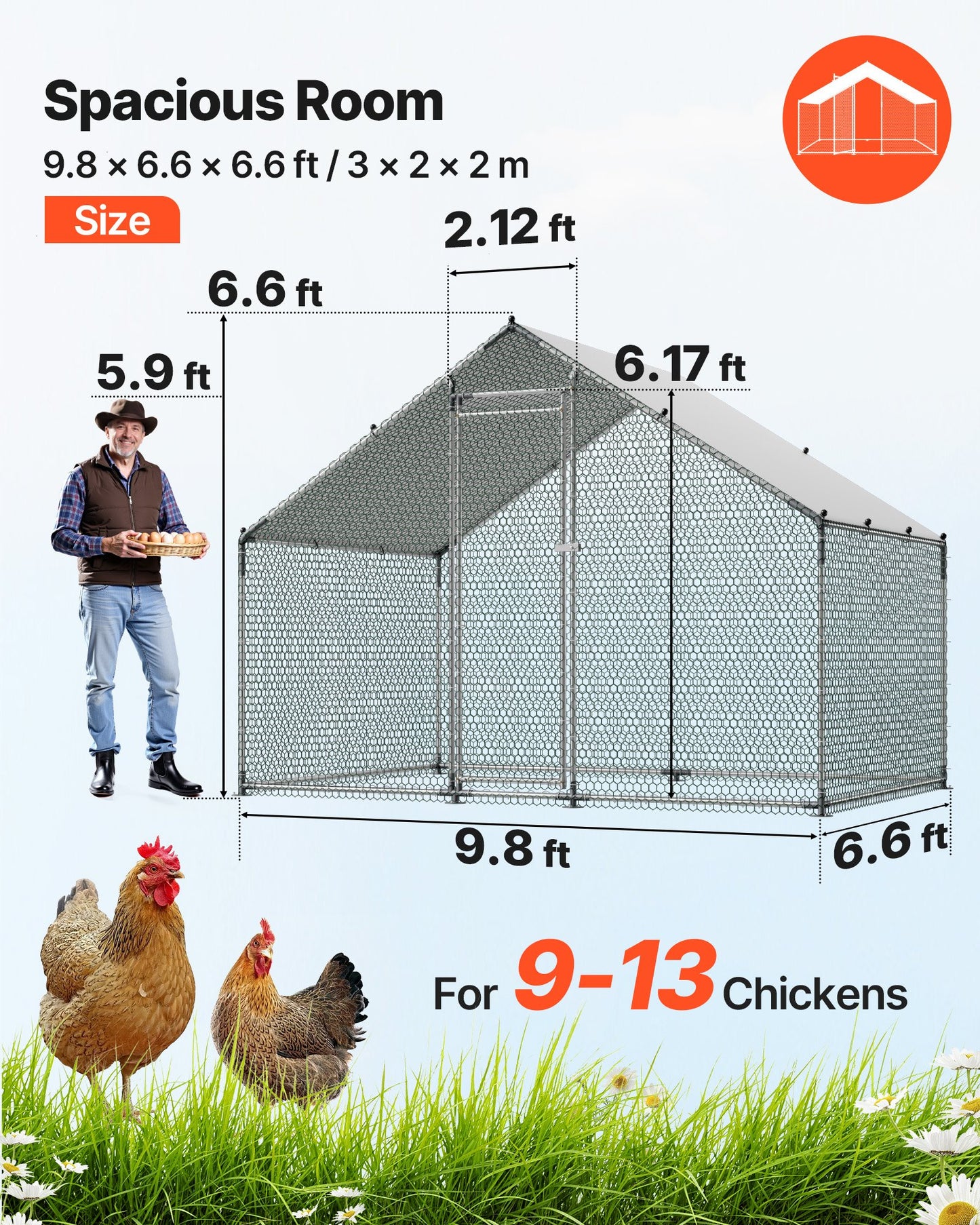 Large Metal Chicken Coop, 3 x 2 x 2 m, Walk-in Chicken Runs with Waterproof Cover, Spire Roof Hen House Enclosure with Lock, Outdoor Duck Rabbit Cage Poultry Pen for Backyard, Farm, Yard Use