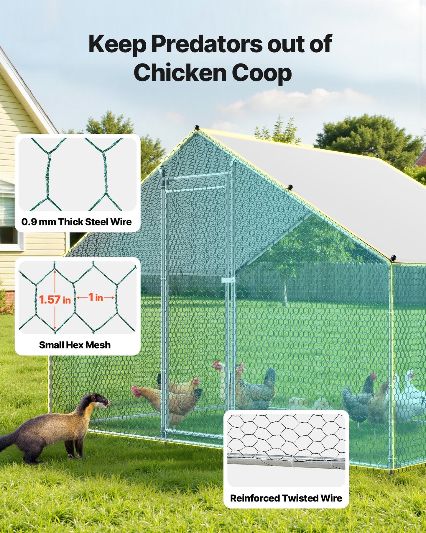 Large Metal Chicken Coop, 3 x 2 x 2 m, Walk-in Chicken Runs with Waterproof Cover, Spire Roof Hen House Enclosure with Lock, Outdoor Duck Rabbit Cage Poultry Pen for Backyard, Farm, Yard Use