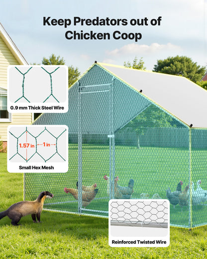 Large Metal Chicken Coop, 3 x 2 x 2 m, Walk-in Chicken Runs with Waterproof Cover, Spire Roof Hen House Enclosure with Lock, Outdoor Duck Rabbit Cage Poultry Pen for Backyard, Farm, Yard Use