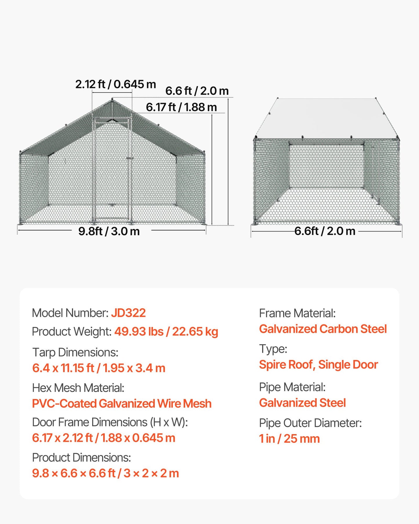 Large Metal Chicken Coop, 3 x 2 x 2 m, Walk-in Chicken Runs with Waterproof Cover, Spire Roof Hen House Enclosure with Lock, Outdoor Duck Rabbit Cage Poultry Pen for Backyard, Farm, Yard Use