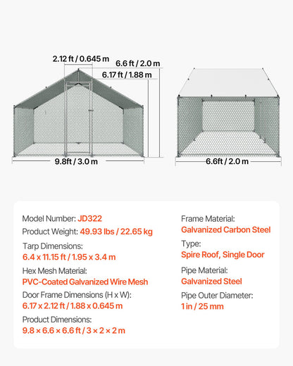 Large Metal Chicken Coop, 3 x 2 x 2 m, Walk-in Chicken Runs with Waterproof Cover, Spire Roof Hen House Enclosure with Lock, Outdoor Duck Rabbit Cage Poultry Pen for Backyard, Farm, Yard Use
