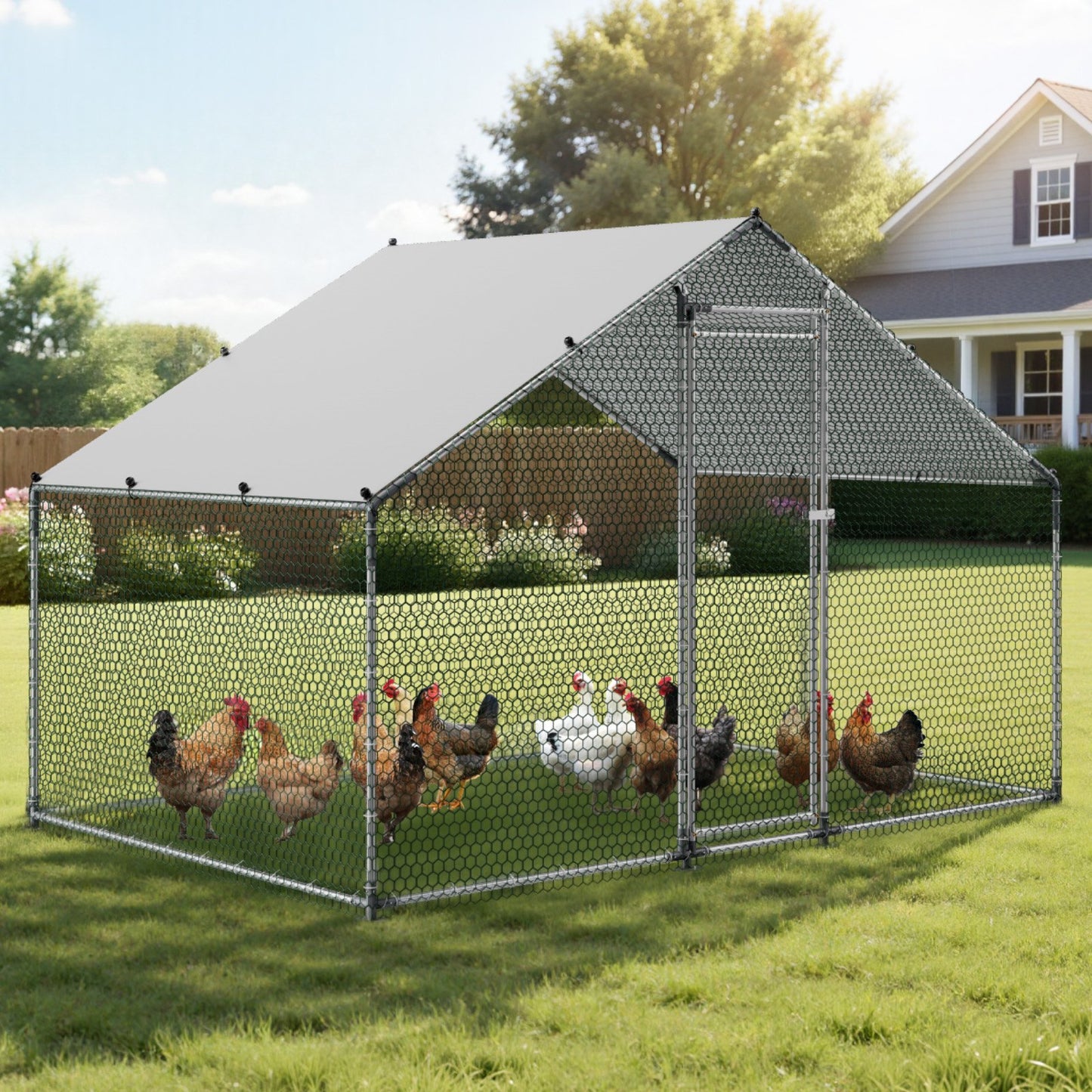 Large Metal Chicken Coop, 3 x 2 x 2 m, Walk-in Chicken Runs with Waterproof Cover, Spire Roof Hen House Enclosure with Lock, Outdoor Duck Rabbit Cage Poultry Pen for Backyard, Farm, Yard Use