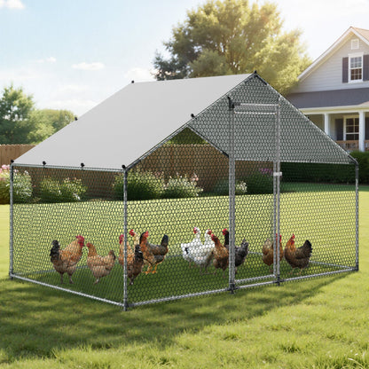 Large Metal Chicken Coop, 3 x 2 x 2 m, Walk-in Chicken Runs with Waterproof Cover, Spire Roof Hen House Enclosure with Lock, Outdoor Duck Rabbit Cage Poultry Pen for Backyard, Farm, Yard Use