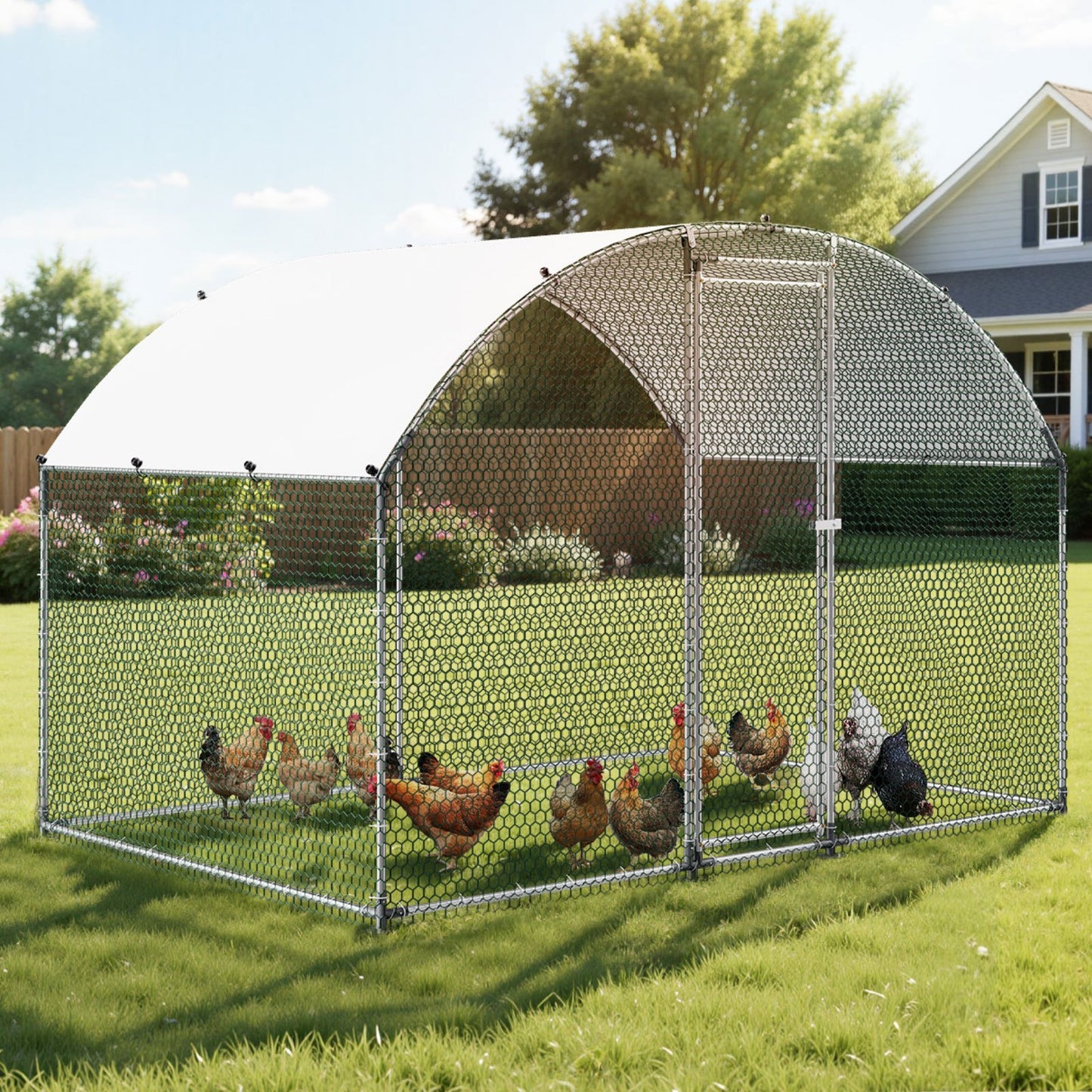 Metal Chicken Coop, 9.8x6.5x6.5ft Large Walk-in Chicken Runs with Cover, Doom Roof Hen House Enclosure with Security Lock, Outdoor Duck Rabbit Cage Poultry Pen for Backyard, Farm, Yard