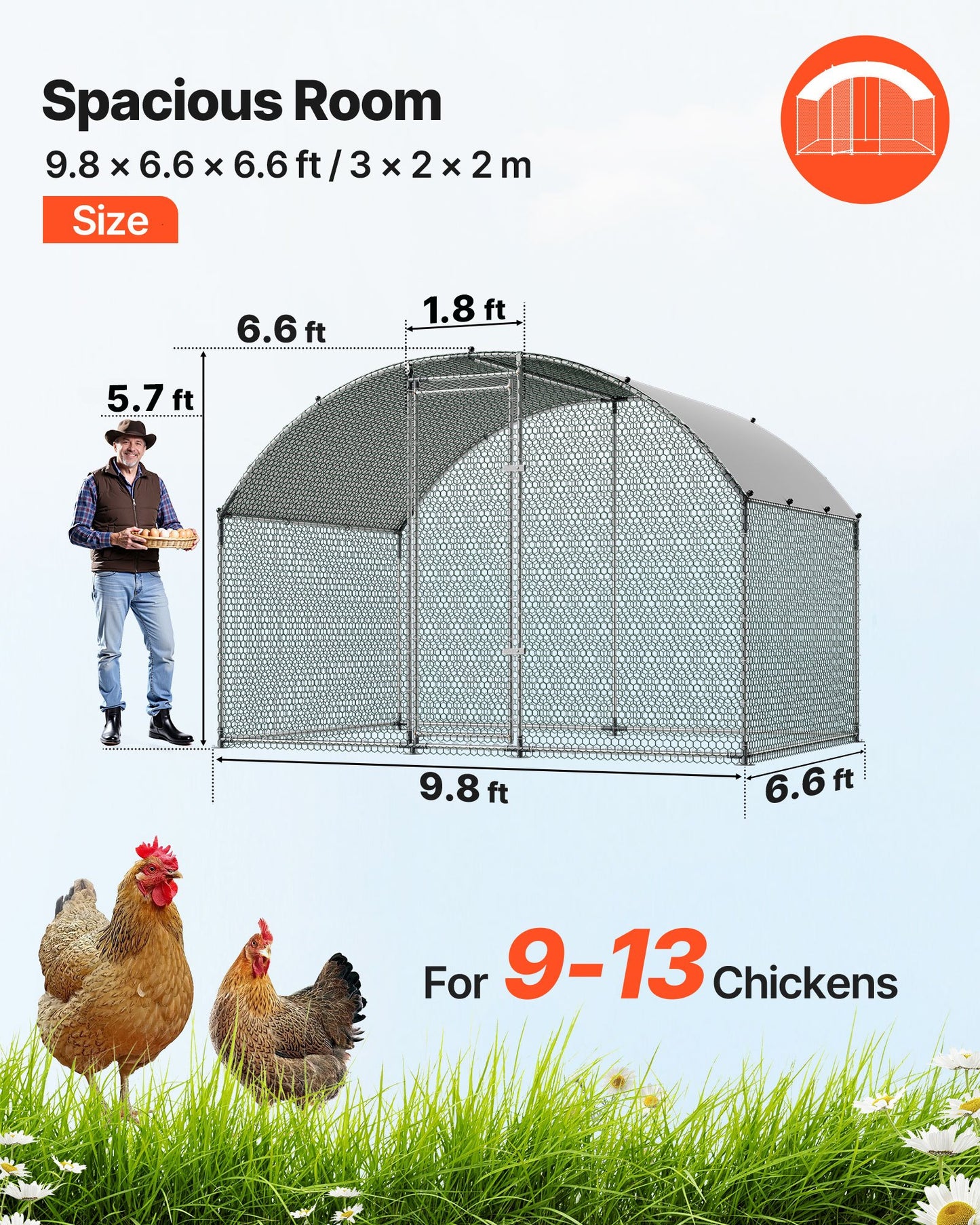 Large Metal Chicken Coop 3 x 2 x 2 m Walk-in Chicken Run House Cage, Doom Roof Hen House Enclosure with Cover and Security Lock, Outdoor Duck Rabbit Cage Poultry Pen for Backyard, Farm, Yard