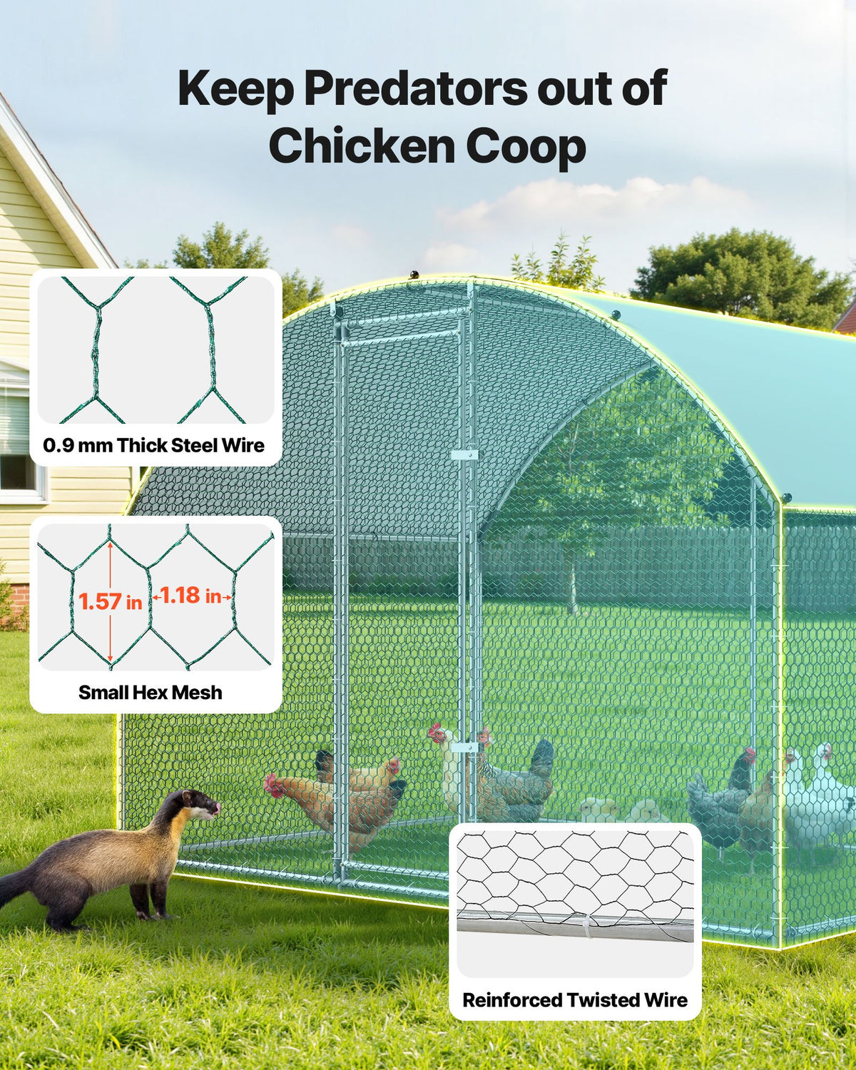 Large Metal Chicken Coop 3 x 2 x 2 m Walk-in Chicken Run House Cage, Doom Roof Hen House Enclosure with Cover and Security Lock, Outdoor Duck Rabbit Cage Poultry Pen for Backyard, Farm, Yard