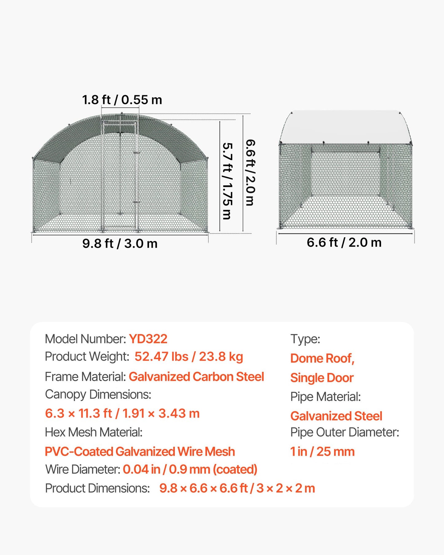 Large Metal Chicken Coop 3 x 2 x 2 m Walk-in Chicken Run House Cage, Doom Roof Hen House Enclosure with Cover and Security Lock, Outdoor Duck Rabbit Cage Poultry Pen for Backyard, Farm, Yard