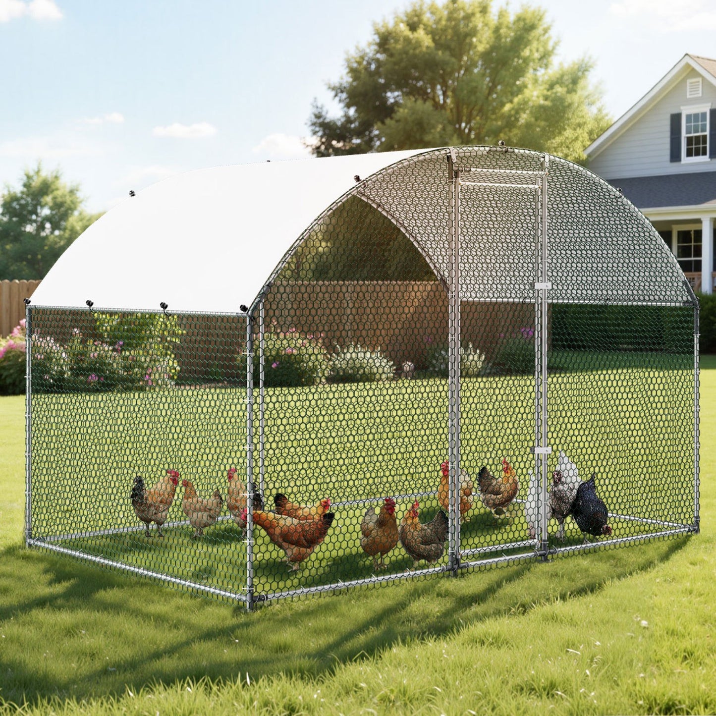 Large Metal Chicken Coop 3 x 2 x 2 m Walk-in Chicken Run House Cage, Doom Roof Hen House Enclosure with Cover and Security Lock, Outdoor Duck Rabbit Cage Poultry Pen for Backyard, Farm, Yard