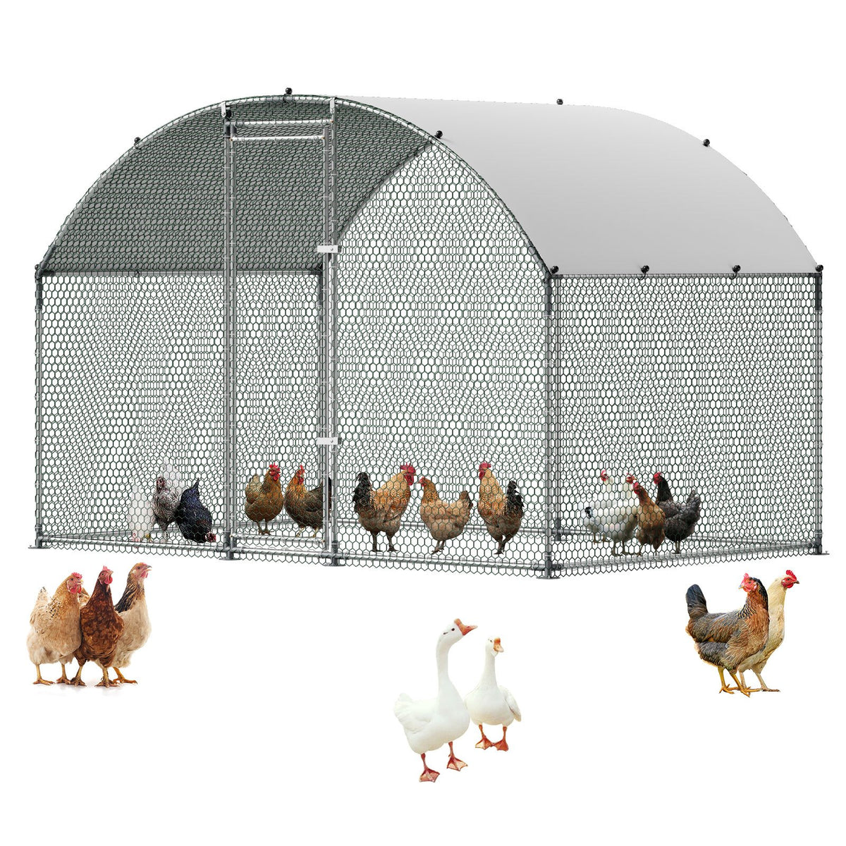 Large Metal Chicken Coop 3 x 2 x 2 m Walk-in Chicken Run House Cage, Doom Roof Hen House Enclosure with Cover and Security Lock, Outdoor Duck Rabbit Cage Poultry Pen for Backyard, Farm, Yard