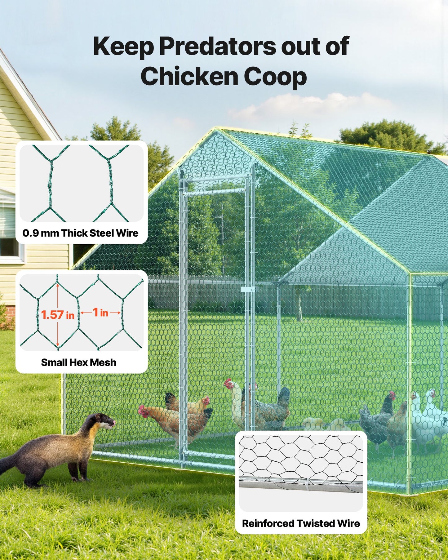 Large Metal Chicken Coop, 3 x 4 x 2 m, Walk-in Chicken Runs with Waterproof Cover, Spire Roof Hen House Enclosure with Lock, Outdoor Duck Rabbit Cage Poultry Pen for Backyard, Farm, Yard Use
