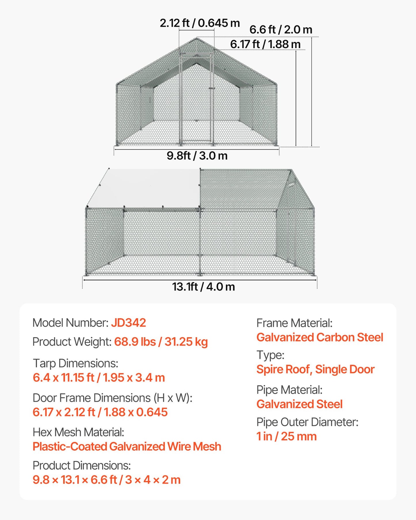 Large Metal Chicken Coop, 3 x 4 x 2 m, Walk-in Chicken Runs with Waterproof Cover, Spire Roof Hen House Enclosure with Lock, Outdoor Duck Rabbit Cage Poultry Pen for Backyard, Farm, Yard Use