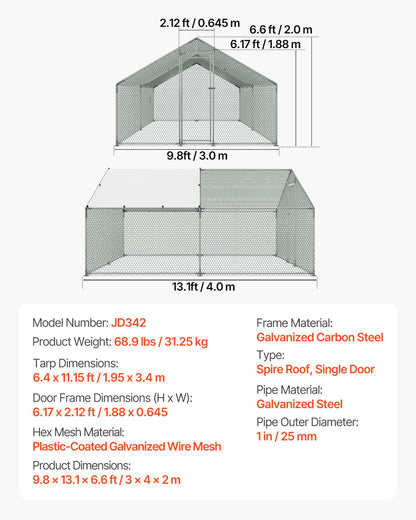 Large Metal Chicken Coop, 3 x 4 x 2 m, Walk-in Chicken Runs with Waterproof Cover, Spire Roof Hen House Enclosure with Lock, Outdoor Duck Rabbit Cage Poultry Pen for Backyard, Farm, Yard Use