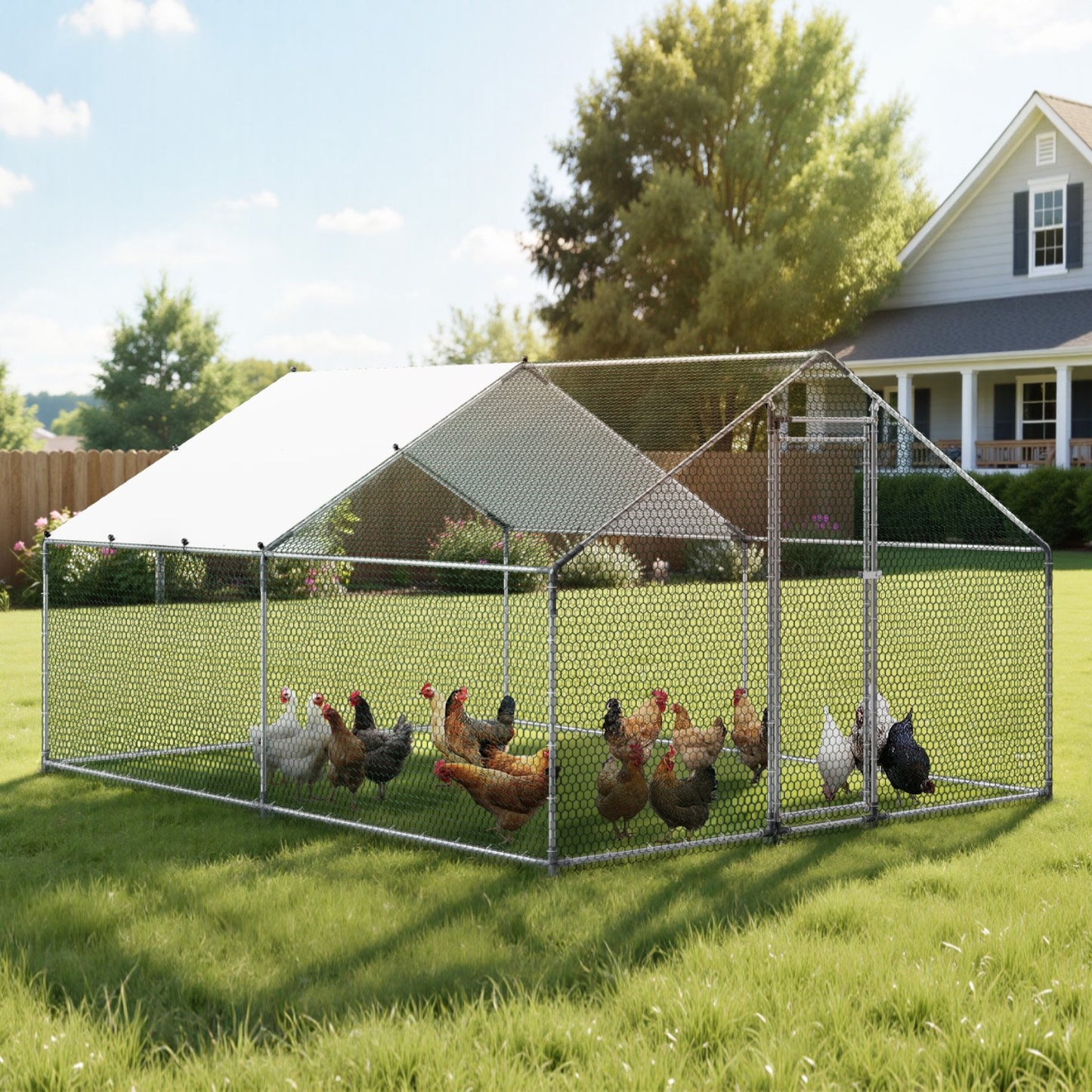 Large Metal Chicken Coop, 3 x 4 x 2 m, Walk-in Chicken Runs with Waterproof Cover, Spire Roof Hen House Enclosure with Lock, Outdoor Duck Rabbit Cage Poultry Pen for Backyard, Farm, Yard Use